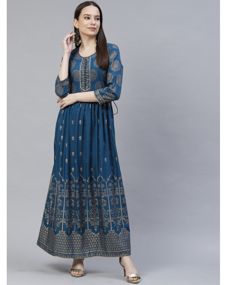 Blue Rayon Printed Dress