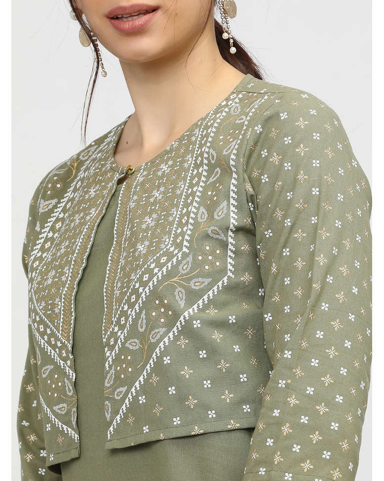 Green Cotton printed kurta with vest