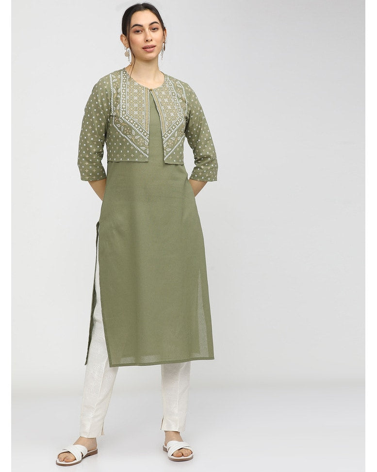 Green Cotton printed kurta with vest