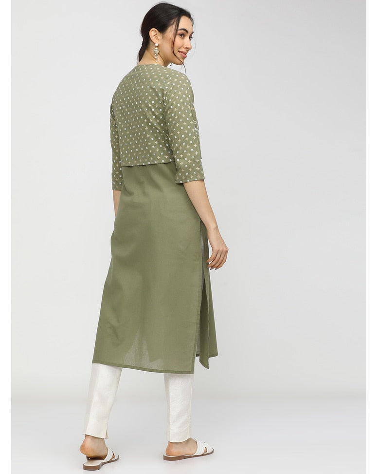 Green Cotton printed kurta with vest
