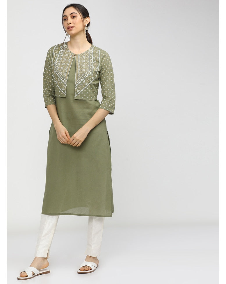 Green Cotton printed kurta with vest