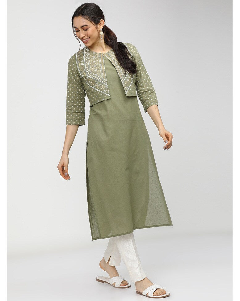 Green Cotton printed kurta with vest