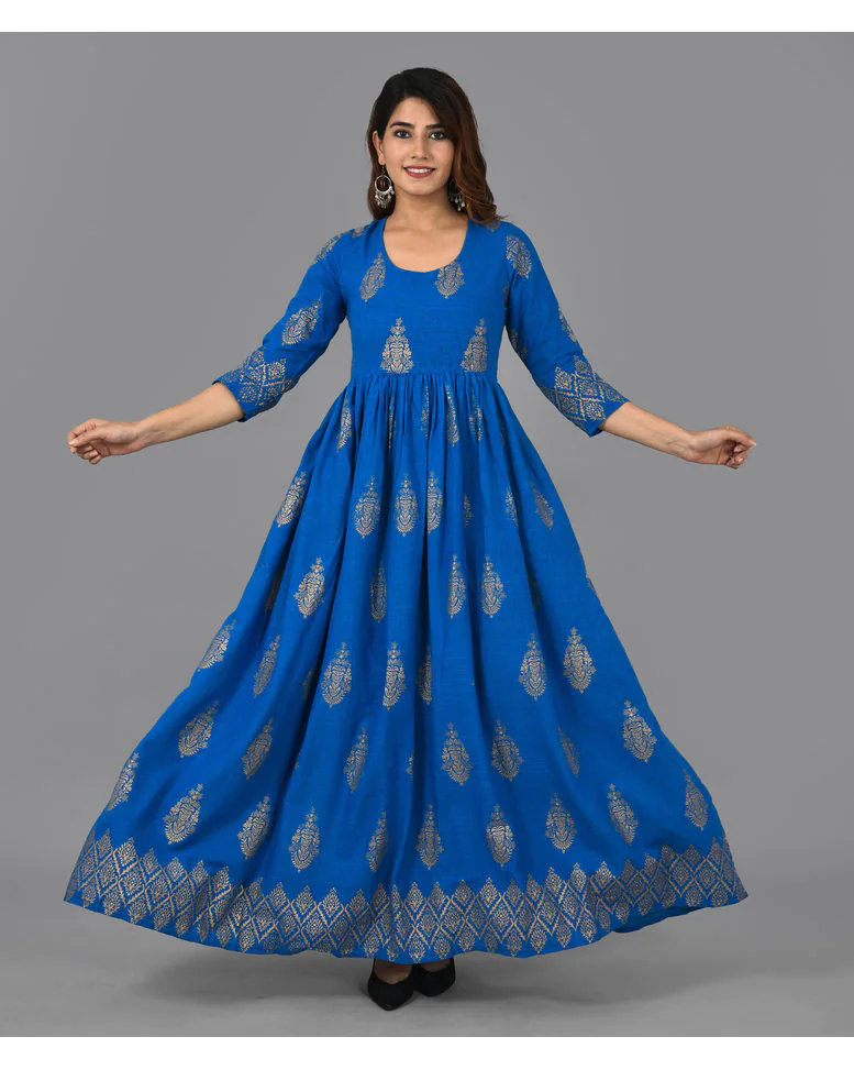 Blue Rayon Foil Print Anarkali Kurta