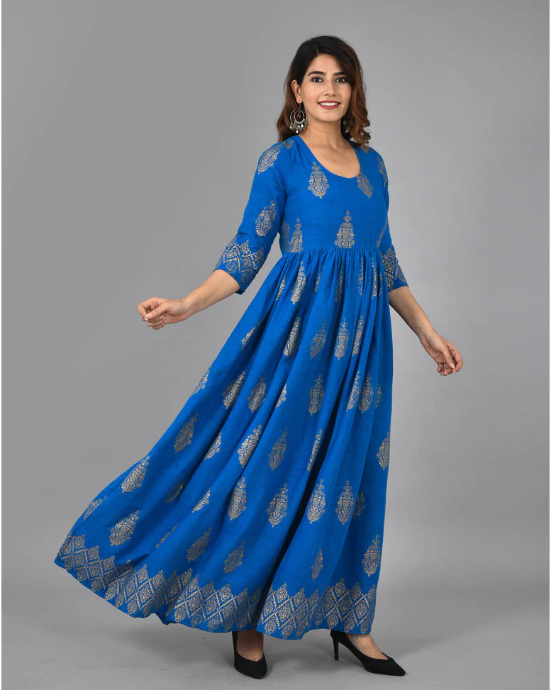 Blue Rayon Foil Print Anarkali Kurta