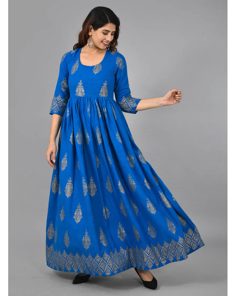 Blue Rayon Foil Print Anarkali Kurta