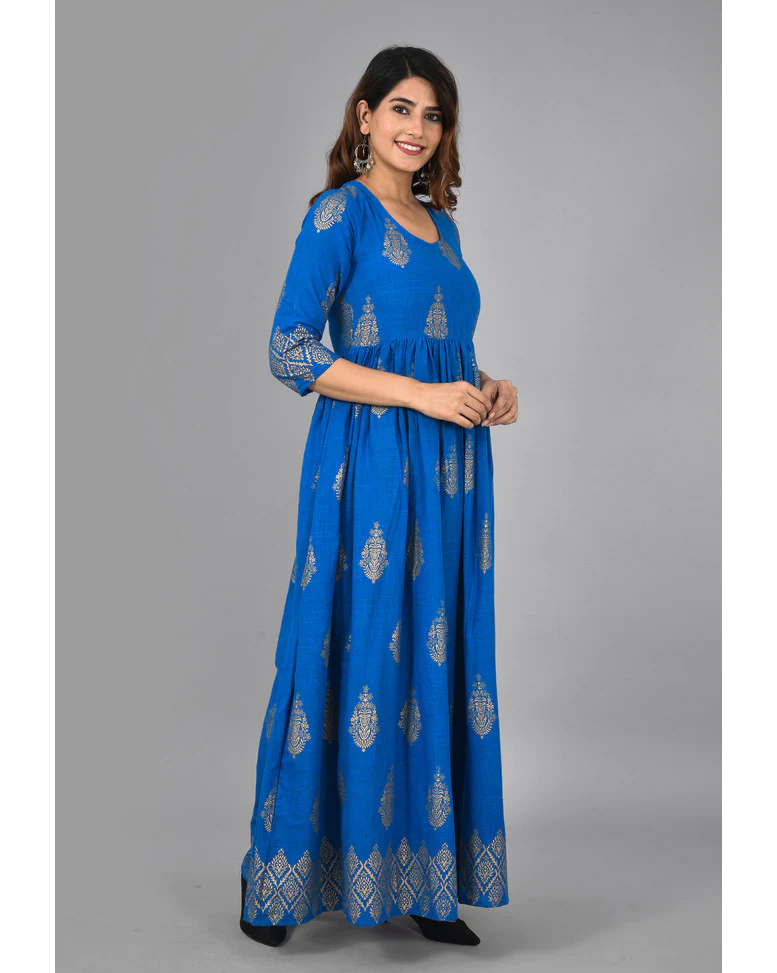 Blue Rayon Foil Print Anarkali Kurta