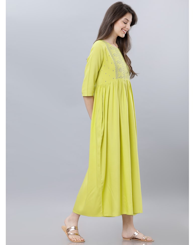Lime Viscose Printed Fit And Flare Dress