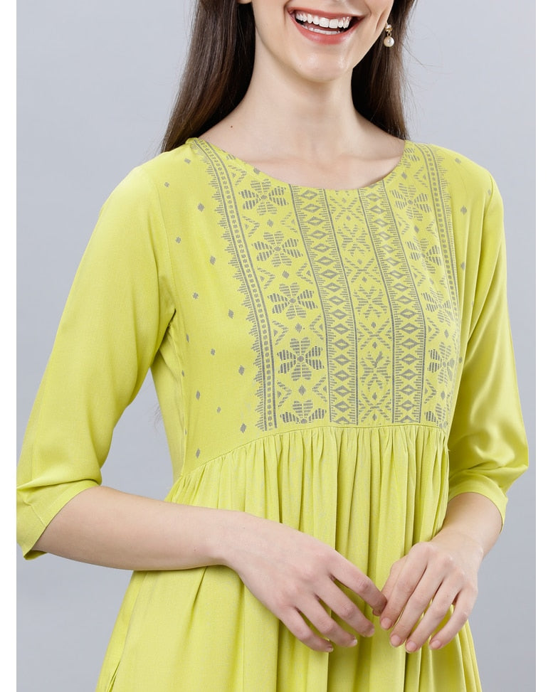 Lime Viscose Printed Fit And Flare Dress