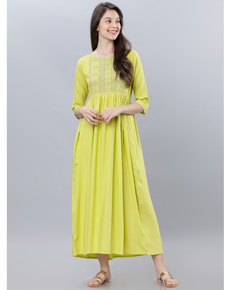 Lime Viscose Printed Fit And Flare Dress