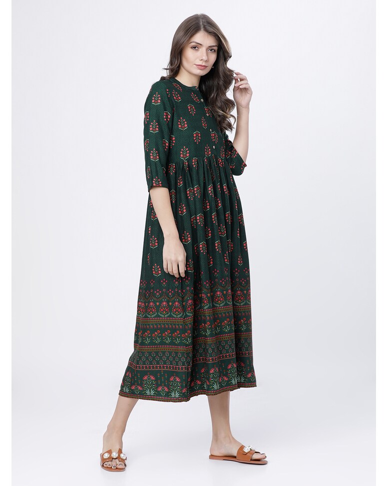Women Green Printed Flared A-Line Dress
