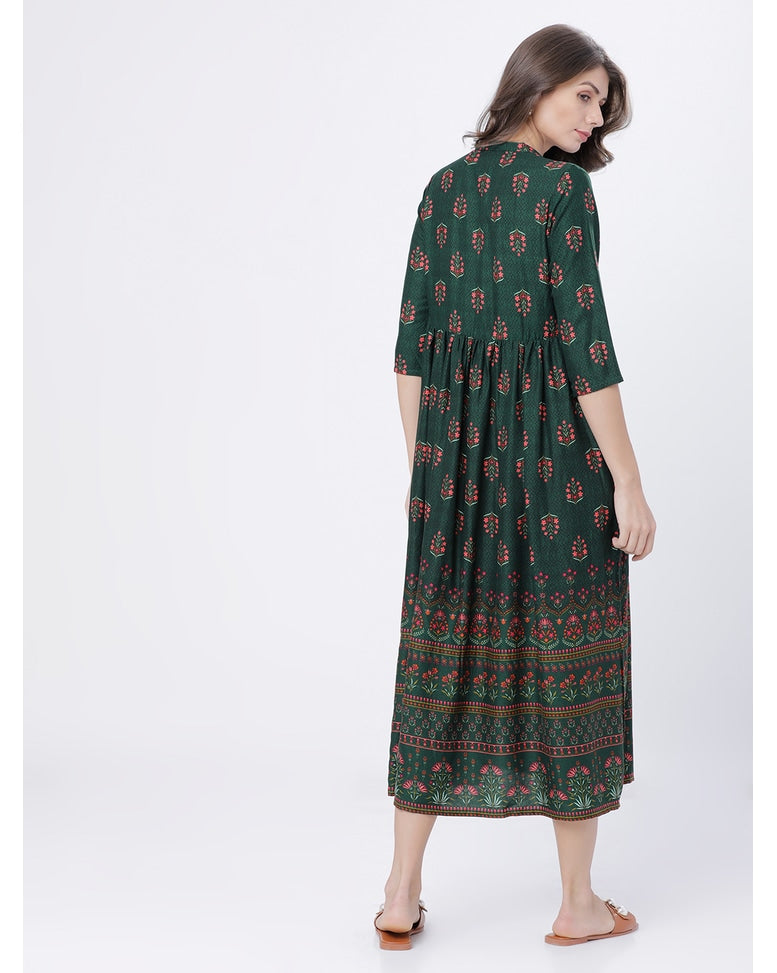 Women Green Printed Flared A-Line Dress
