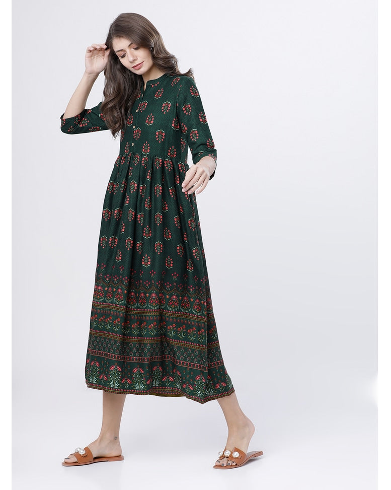 Women Green Printed Flared A-Line Dress