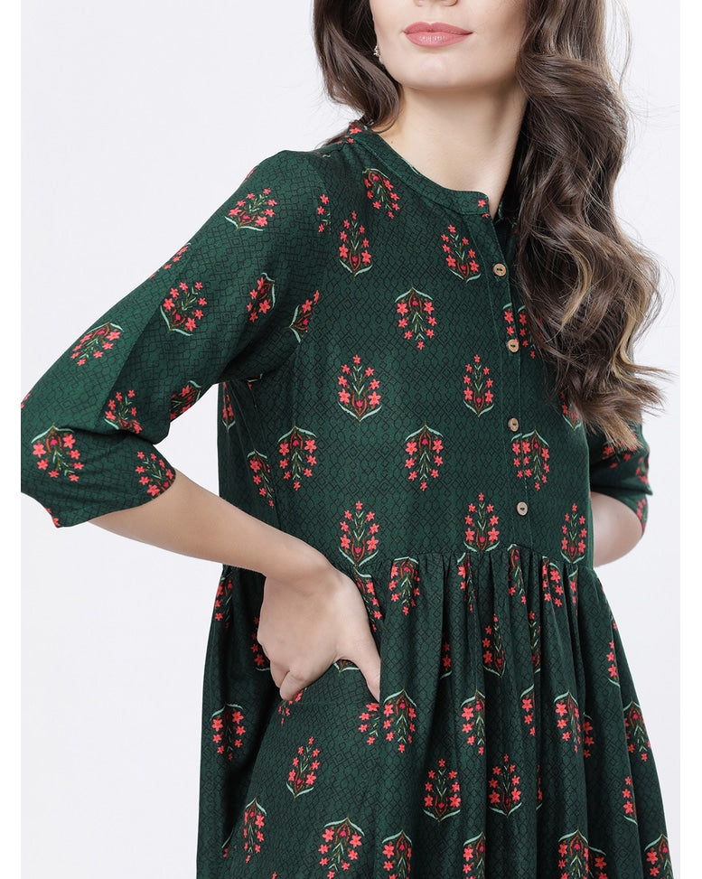 Women Green Printed Flared A-Line Dress