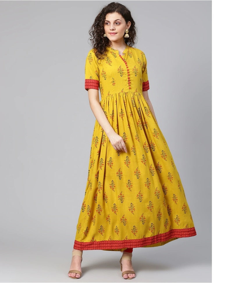 Mustard Rayon Printed Anarkali Kurta