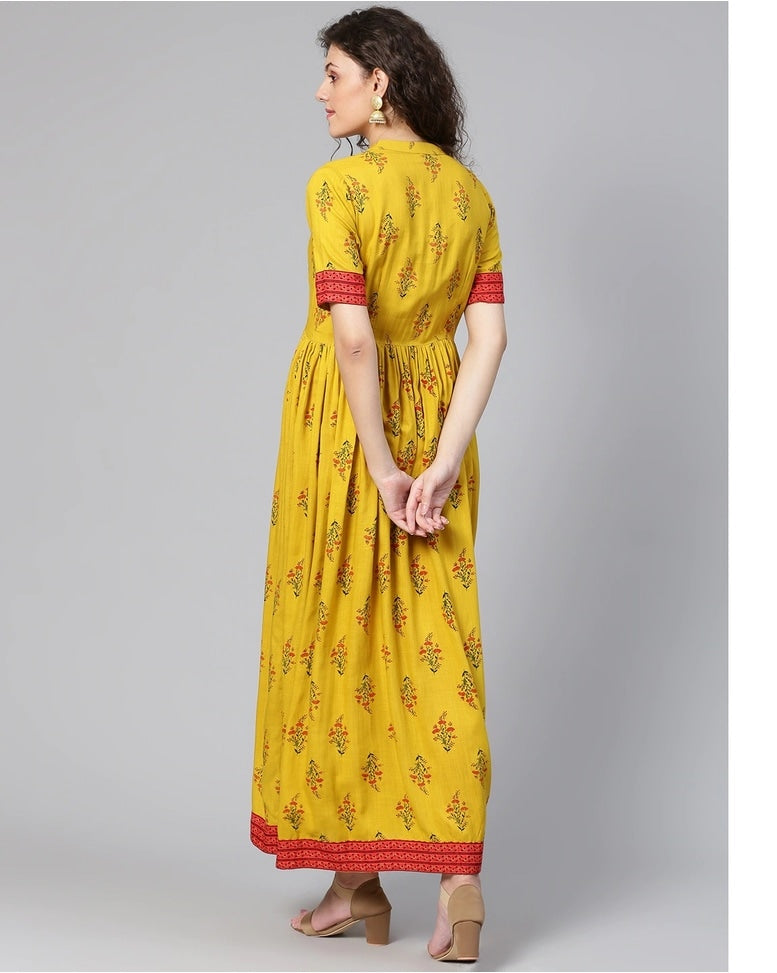 Mustard Rayon Printed Anarkali Kurta