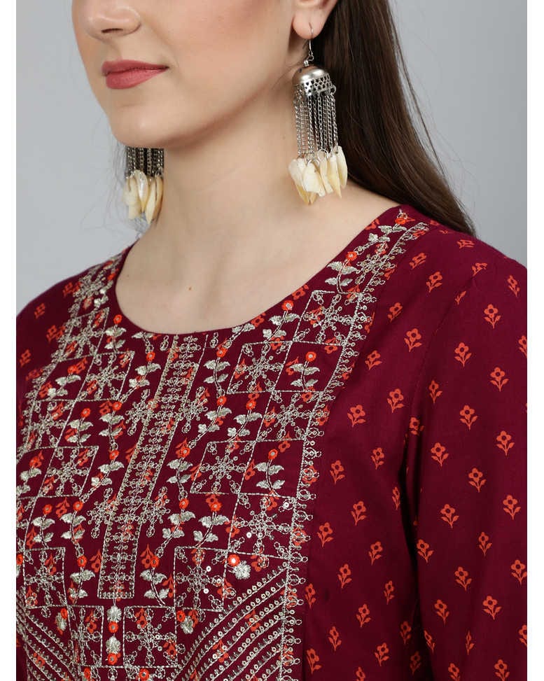 Maroon Rayon Embellished Flared Kurta