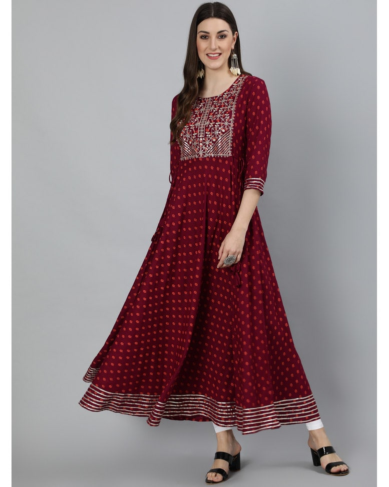 Maroon Rayon Embellished Flared Kurta