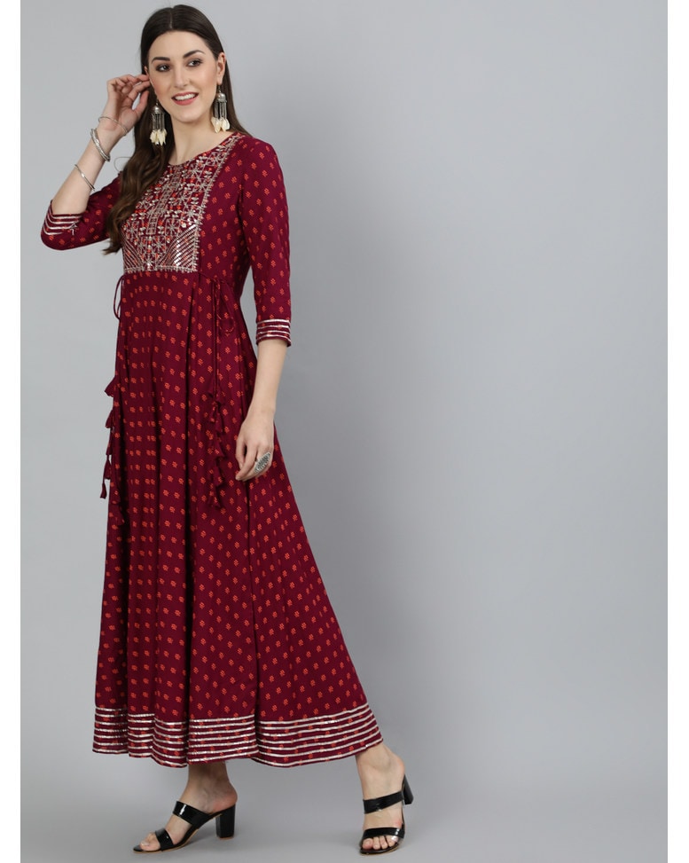 Maroon Rayon Embellished Flared Kurta