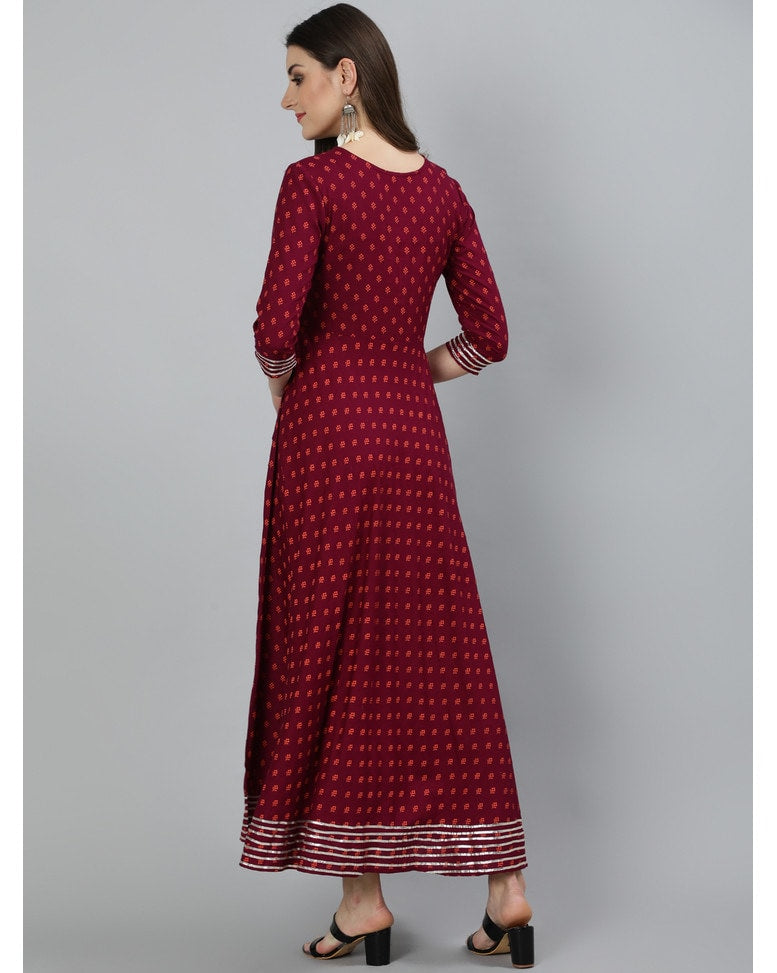 Maroon Rayon Embellished Flared Kurta
