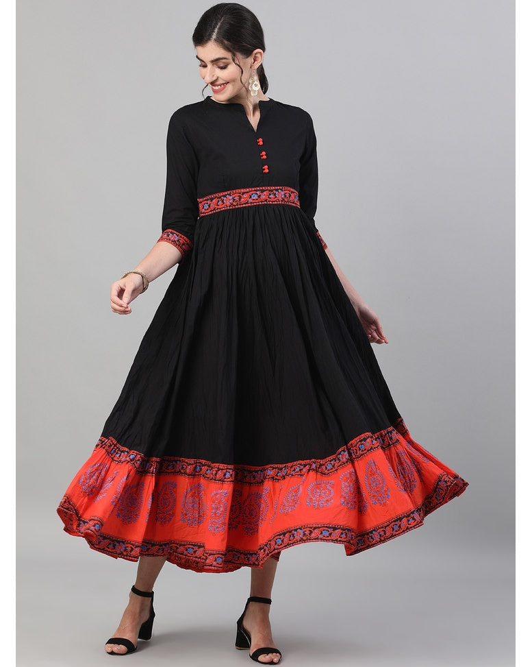 Black Cotton Printed Flared Kurta