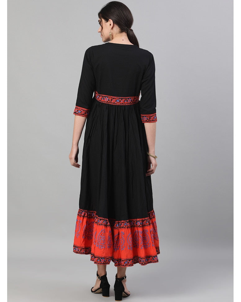 Black Cotton Printed Flared Kurta