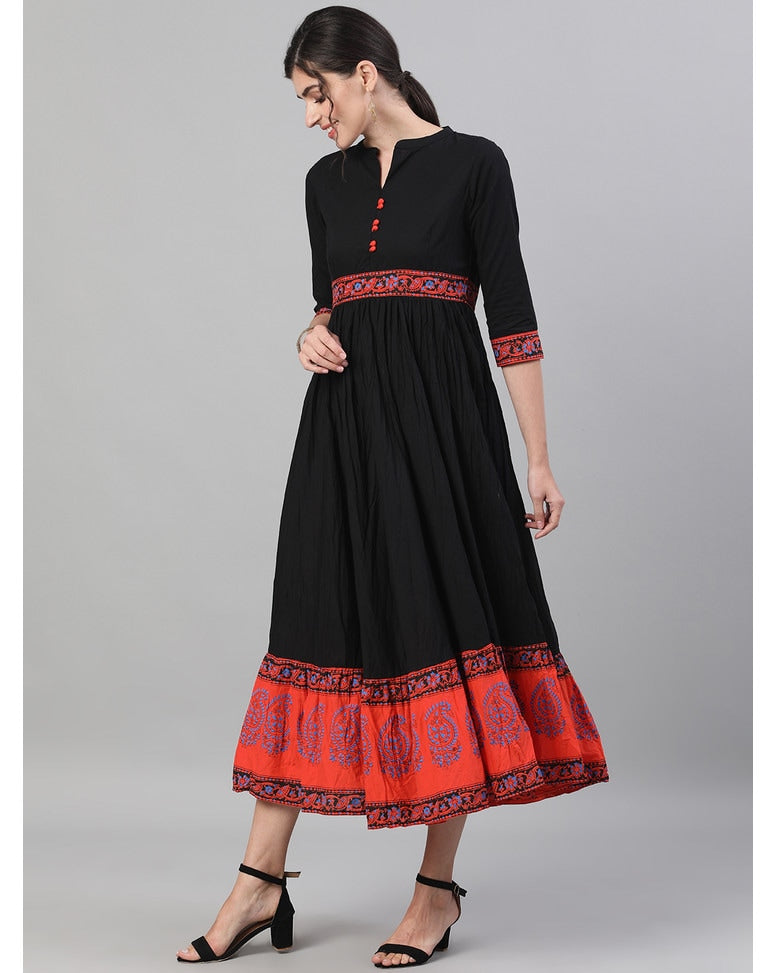Black Cotton Printed Flared Kurta