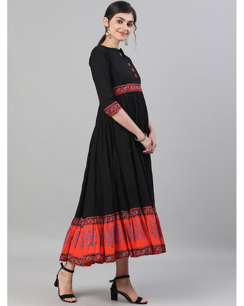 Black Cotton Printed Flared Kurta