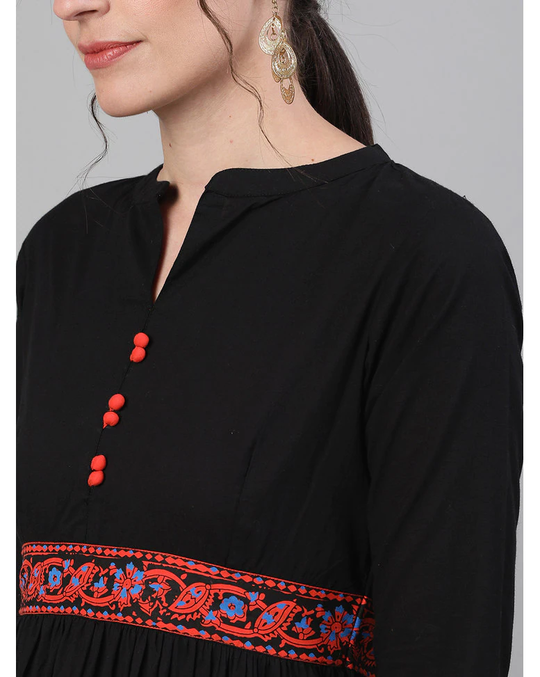 Black Cotton Printed Flared Kurta