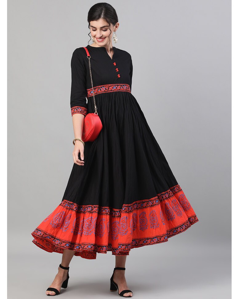 Black Cotton Printed Flared Kurta