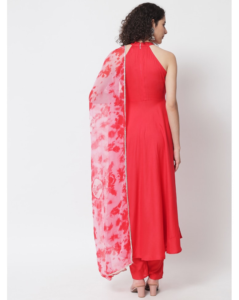Red Viscose Solid Ethnic Pants SuitSet