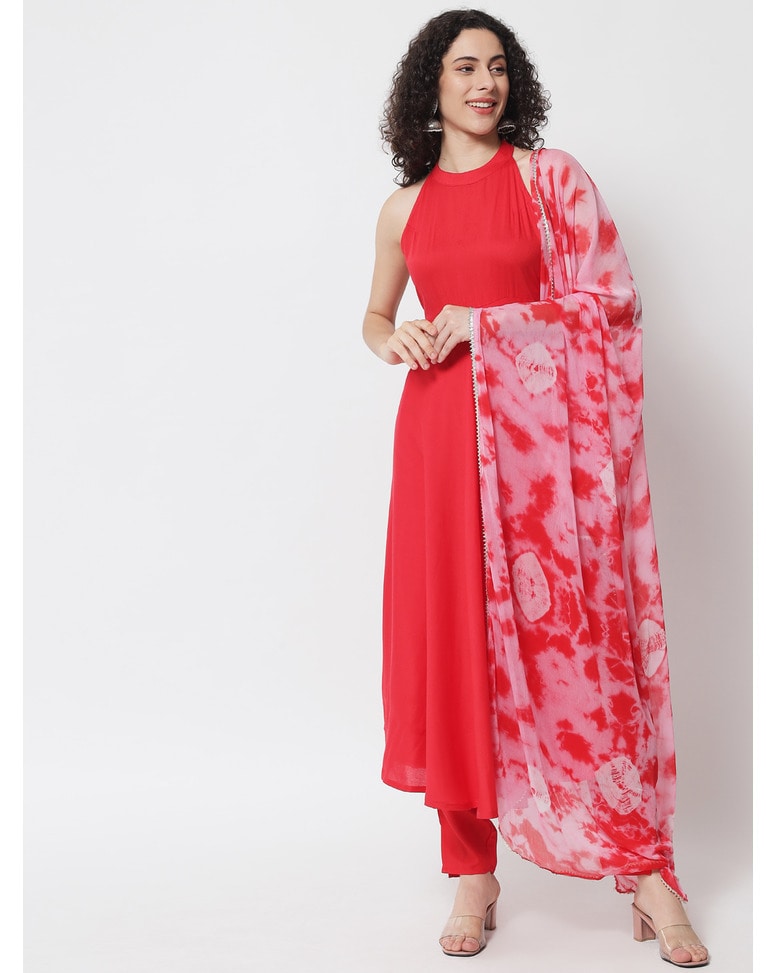 Red Viscose Solid Ethnic Pants SuitSet