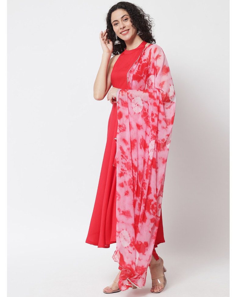 Red Viscose Solid Ethnic Pants SuitSet