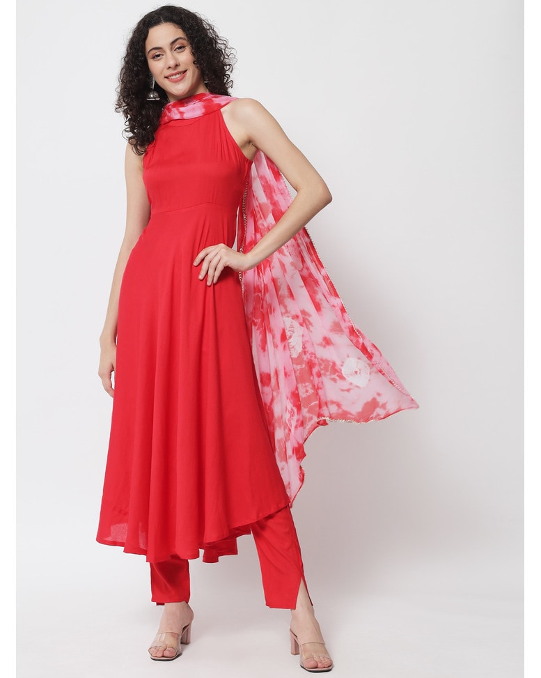Red Viscose Solid Ethnic Pants SuitSet
