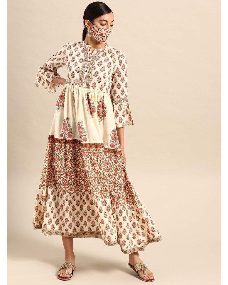 Off White Cotton Printed Fit and Flare Dress