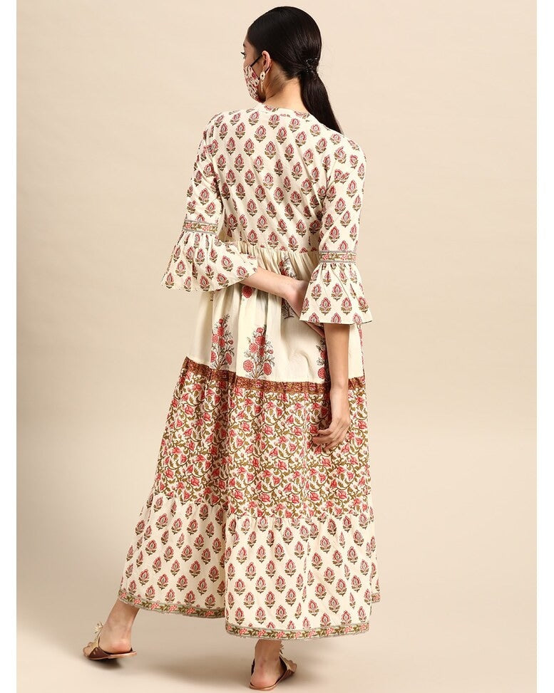 Off White Cotton Printed Fit and Flare Dress