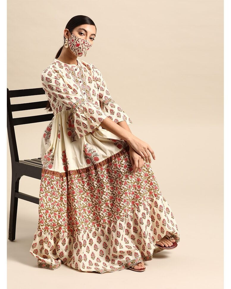 Off White Cotton Printed Fit and Flare Dress
