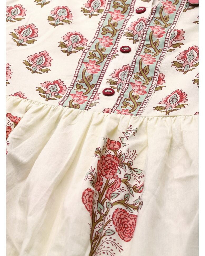 Off White Cotton Printed Fit and Flare Dress