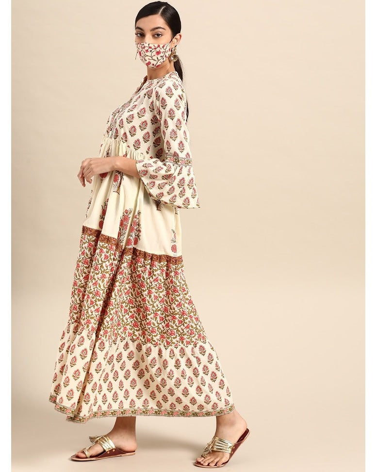Off White Cotton Printed Fit and Flare Dress