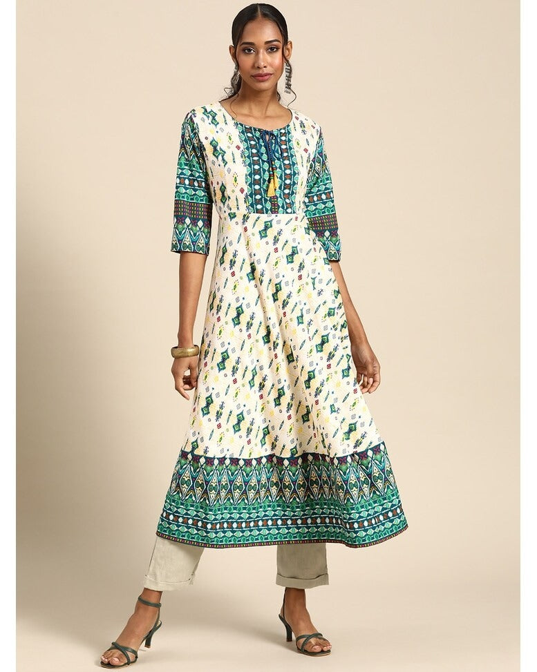Green Polyester Printed Flared Kurta