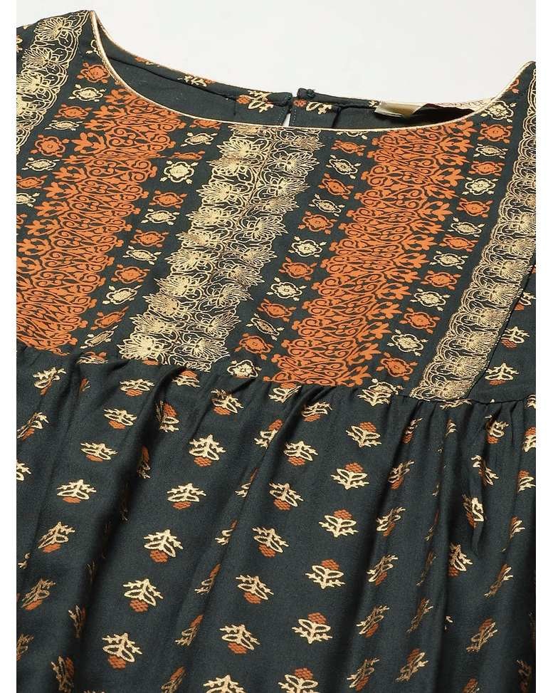 Green Rayon Printed Gown Dress
