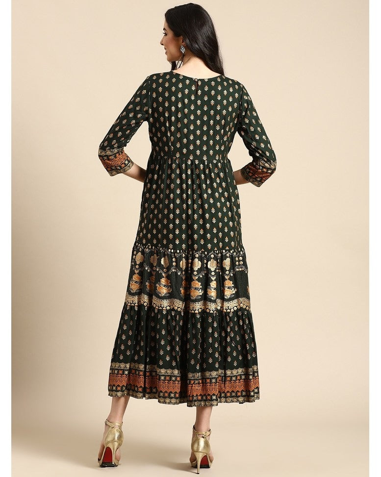 Green Rayon Printed Gown Dress