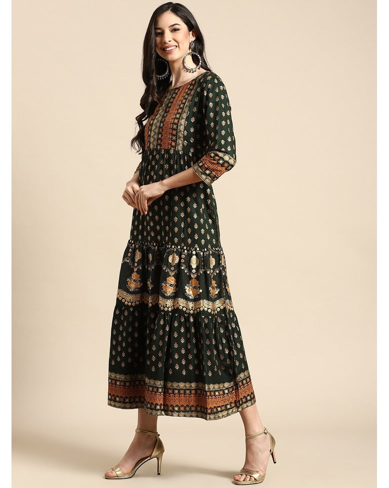 Green Rayon Printed Gown Dress