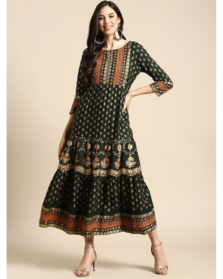 Green Rayon Printed Gown Dress