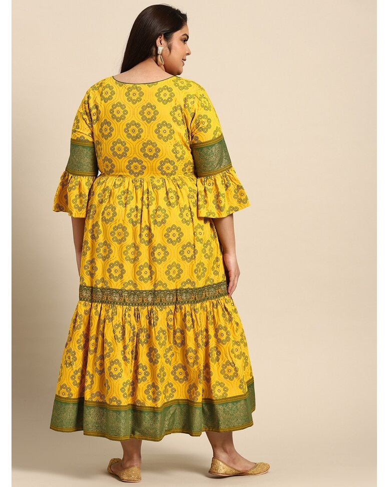 Yellow Rayon Printed Gown Dress