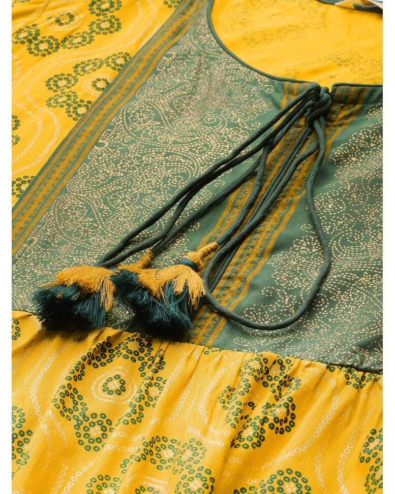 Yellow Rayon Printed Gown Dress