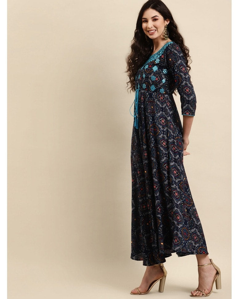 Navy Rayon Printed Gown Dress