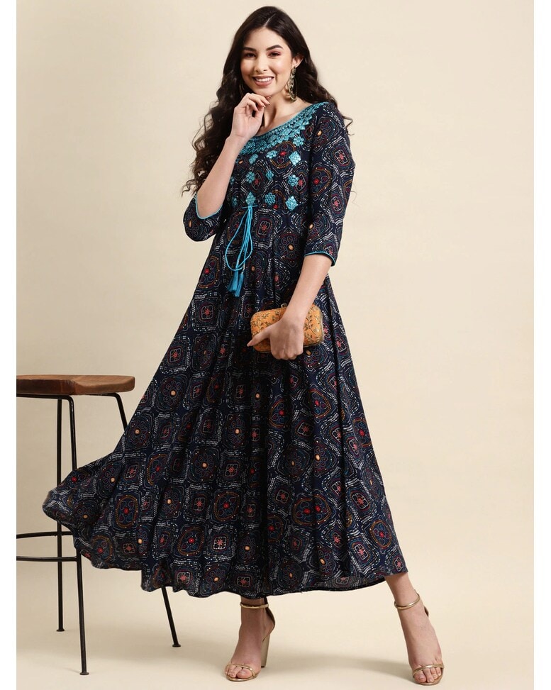 Navy Rayon Printed Gown Dress
