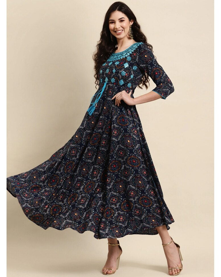 Navy Rayon Printed Gown Dress