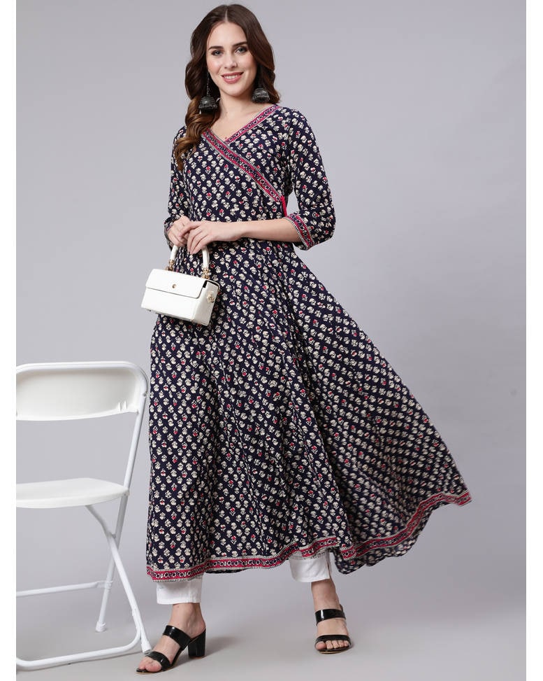 Blue Cotton Printed Flared Kurta