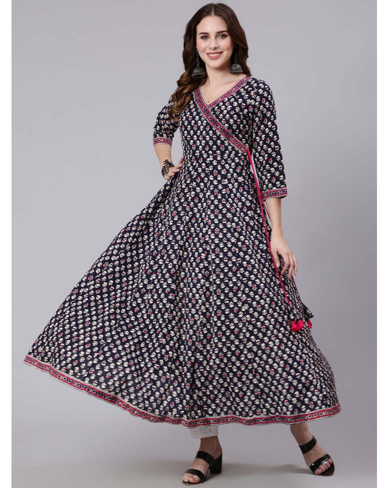 Blue Cotton Printed Flared Kurta